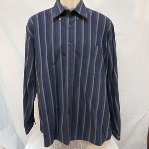 Alan Flusser Shirt Purple Green Striped Button Down Collar Casual Size XL